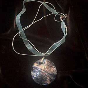 Sea shell glass pendant with turquoise ribbon necklace